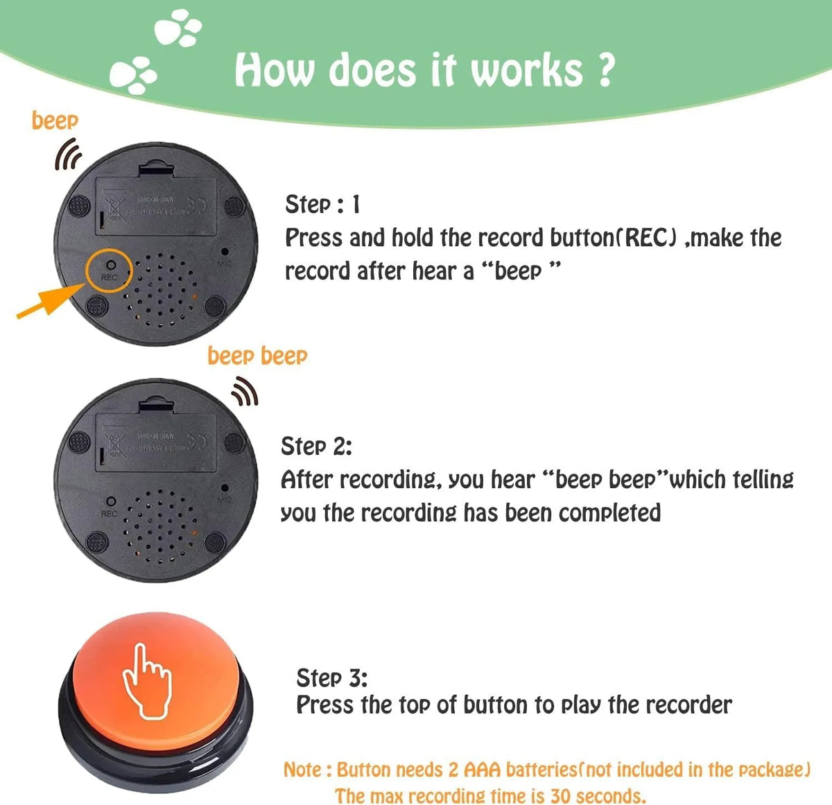 Voice recording button for dog training showing 30-second recording capability in multiple colour choices