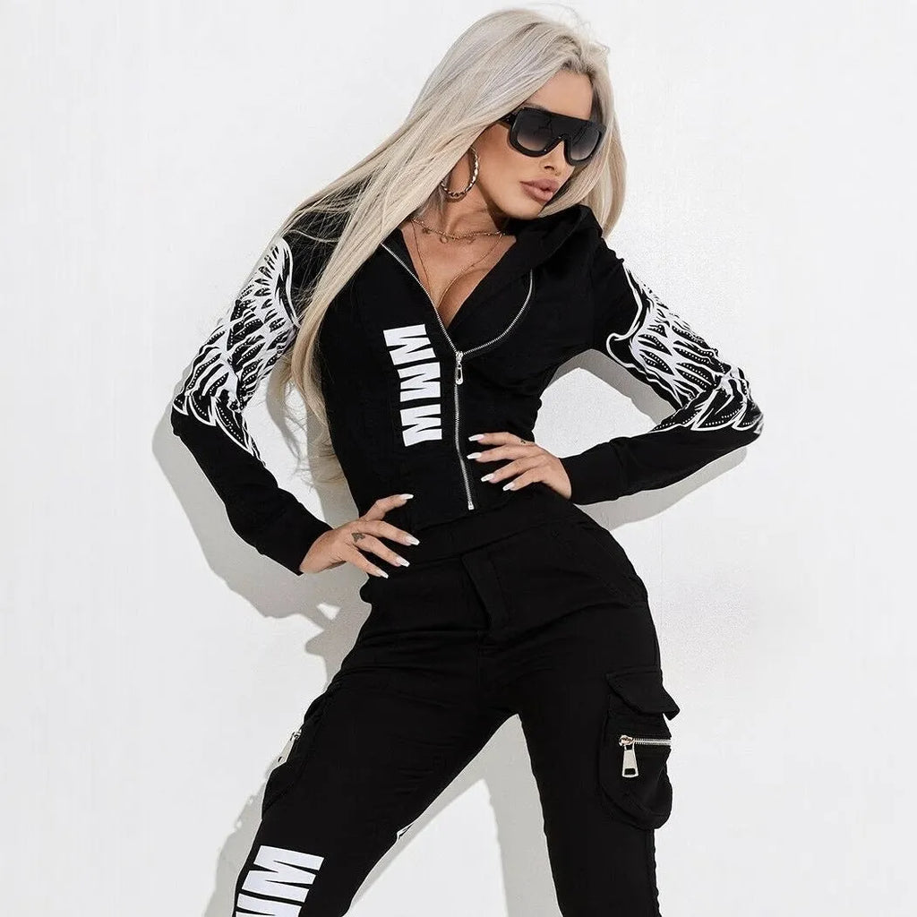 Black women's casual suit with wings printing, featuring hooded zipper top and matching trousers