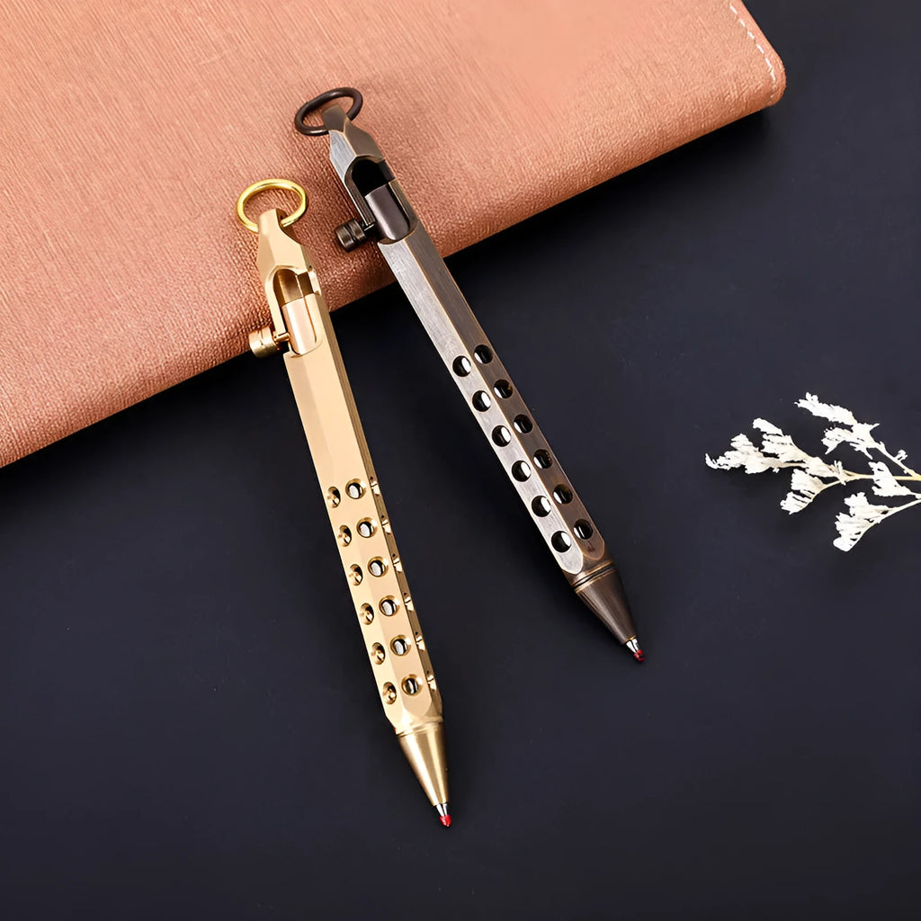 Brass hexagonal bolt roller pen with 6-angle machine pattern and 0.5mm tip