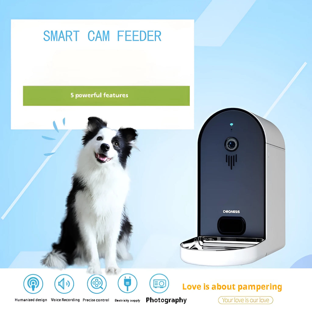 Smart automatic pet feeder with remote monitoring app, in five colour options.