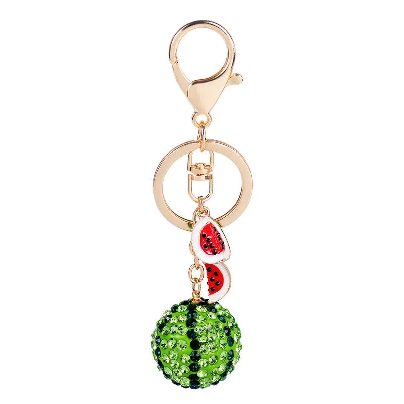 Green zinc alloy watermelon-shaped keychain measuring 12cm with metal keyring