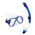 Black diving goggles with clear anti-fog lens, PC frame, and blue silicone skirt on an adjustable strap.