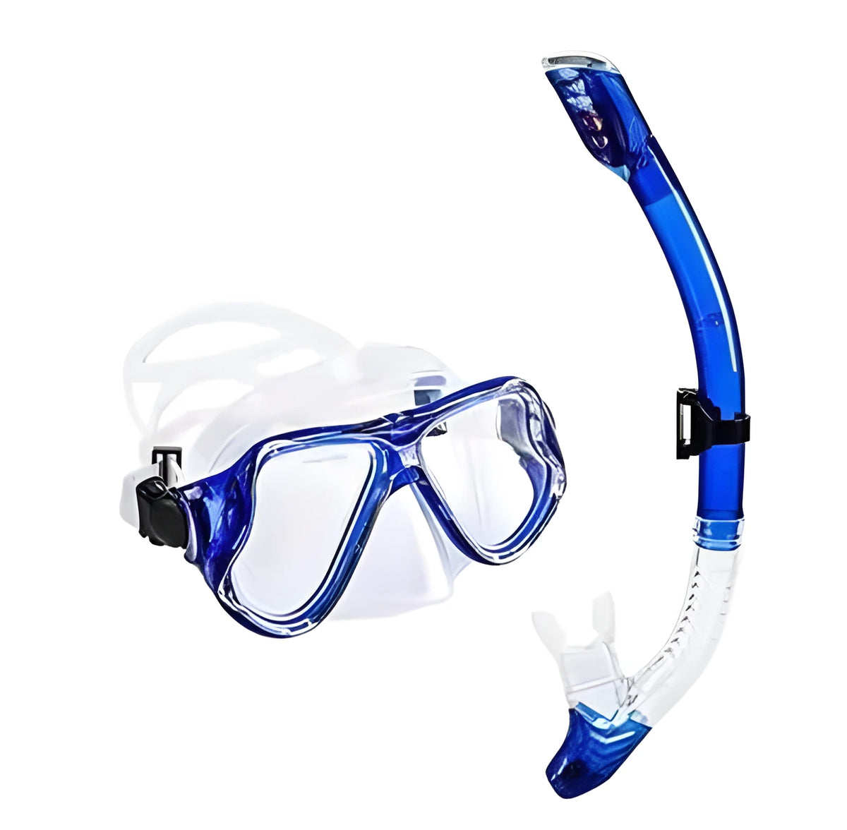 Black diving goggles with clear anti-fog lens, PC frame, and blue silicone skirt on an adjustable strap.
