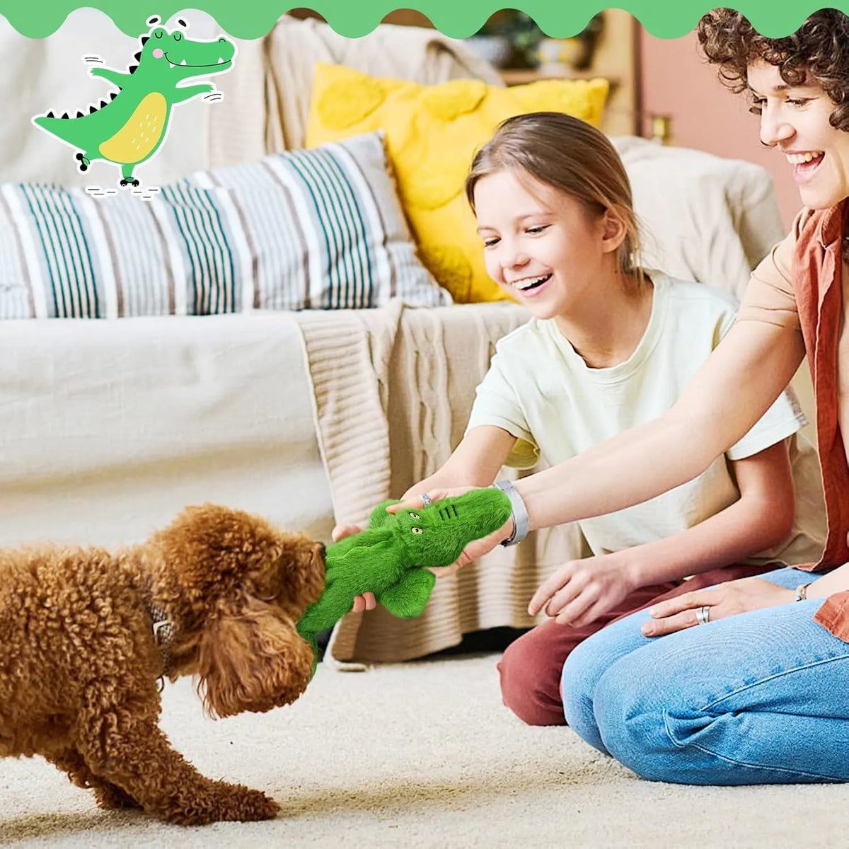 Green crocodile-shaped plush dog toy with no stuffing, for aggressive chewing.