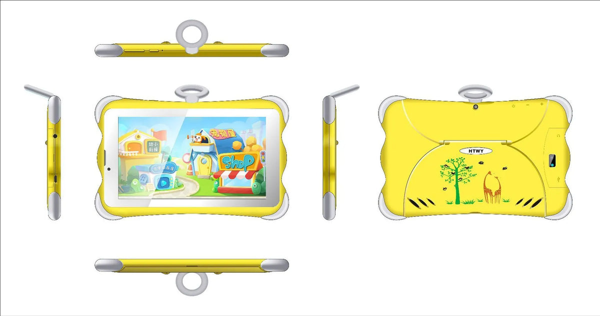 7-inch children's learning tablet with colourful cartoon design, showing screen interface and built-in stand