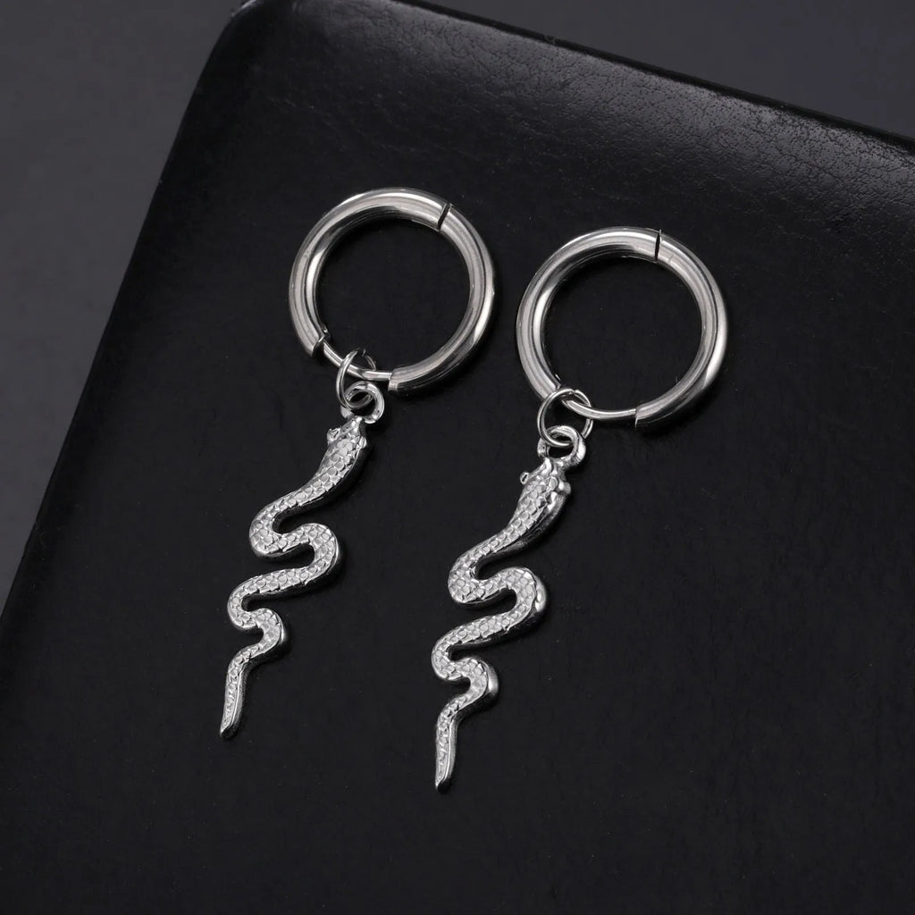Gold or steel coloured stainless steel snake-shaped vintage clip-on earrings