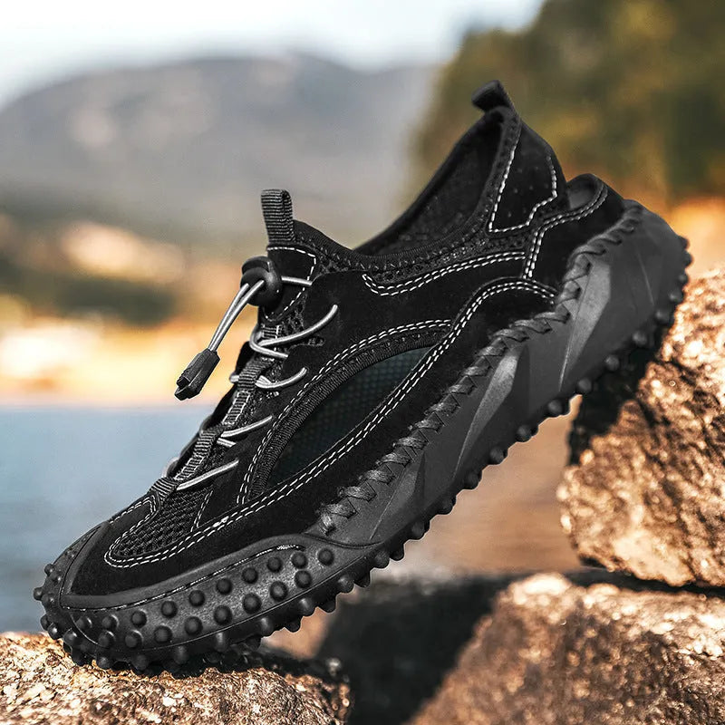 Men's black leather mesh sports sandals with elastic band and rubber sole.