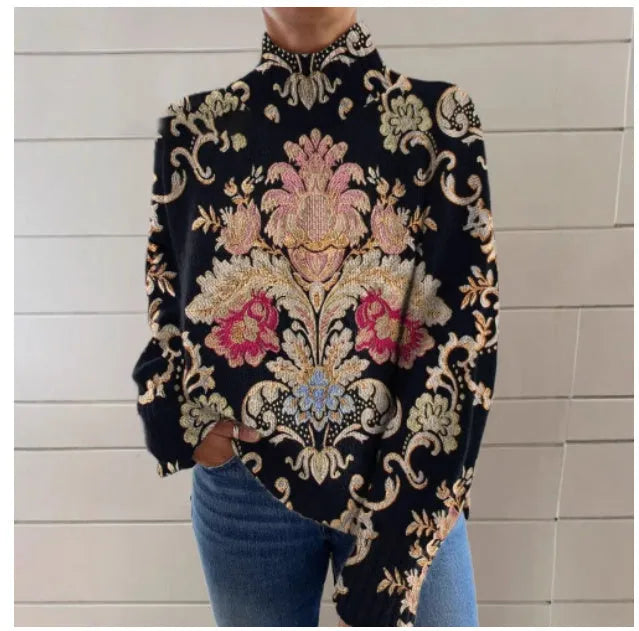 Black line 3D pattern turtleneck long sleeve sweater with loose fit Japanese Korean style