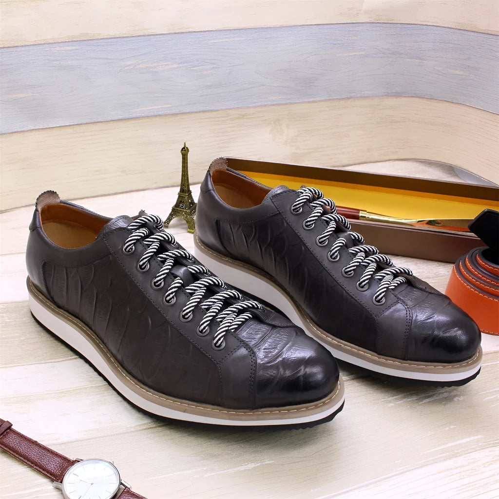 Men's handmade embossed fashion shoes with front tie closure in black, green, grey, or white.