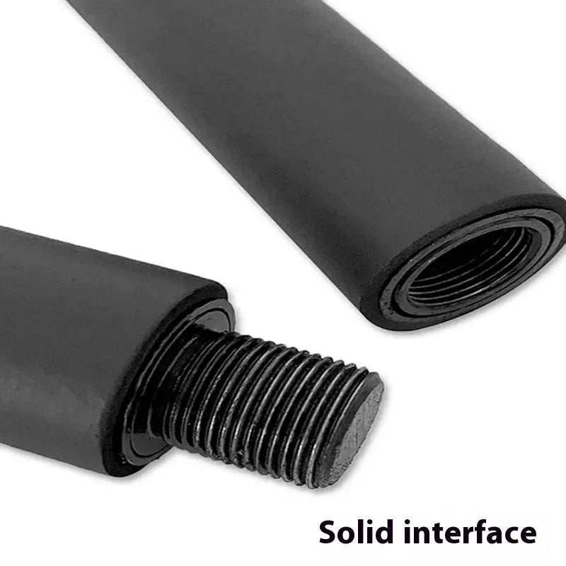 Two-segment push-and-pull fitness stick with attached rope next to its carrying bag.