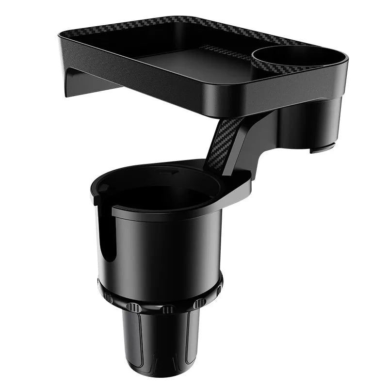 Black ABS plastic car cup holder with integrated rotating dinner tray, shown in a vehicle.