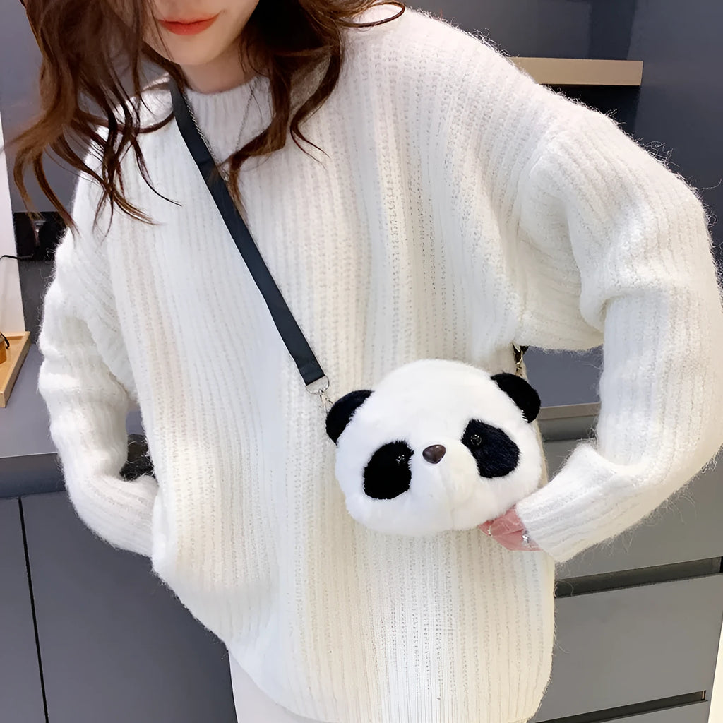 Soft plush panda head crossbody bag with cylindrical design and sandwich pockets