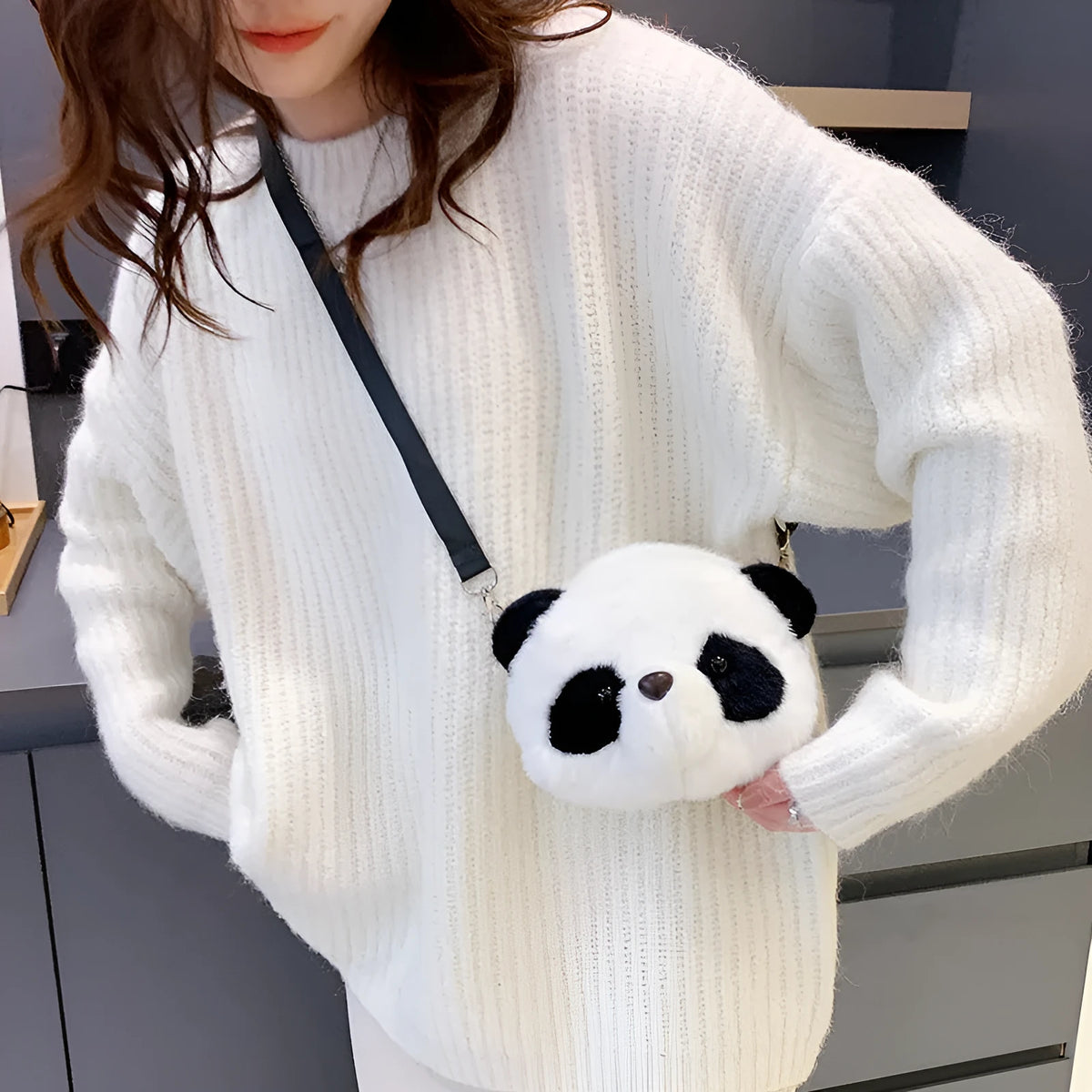 Soft plush panda head crossbody bag with cylindrical design and sandwich pockets