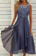 Women's sleeveless chiffon dress with lace hollow-out design in princess style, shown in blue colour