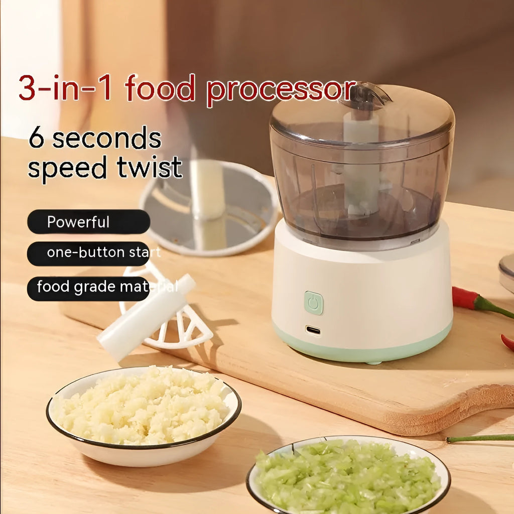 Mini electric meat grinder with transparent bowl and stainless steel blades on anti-slip pad