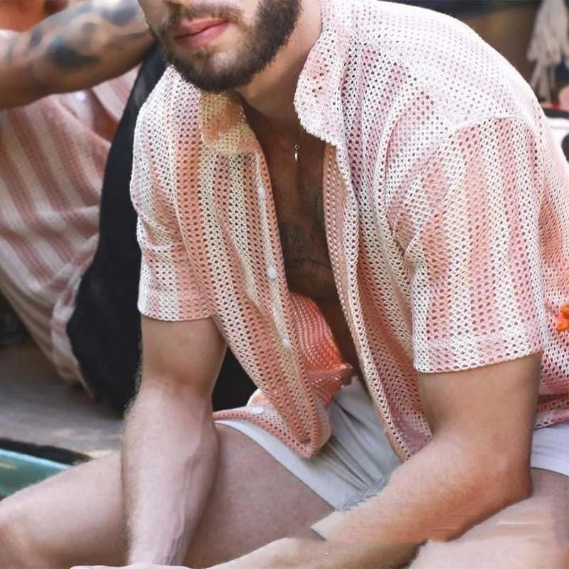 Pink men's loose fit cardigan style summer shirt with waffle knit pattern and short sleeves