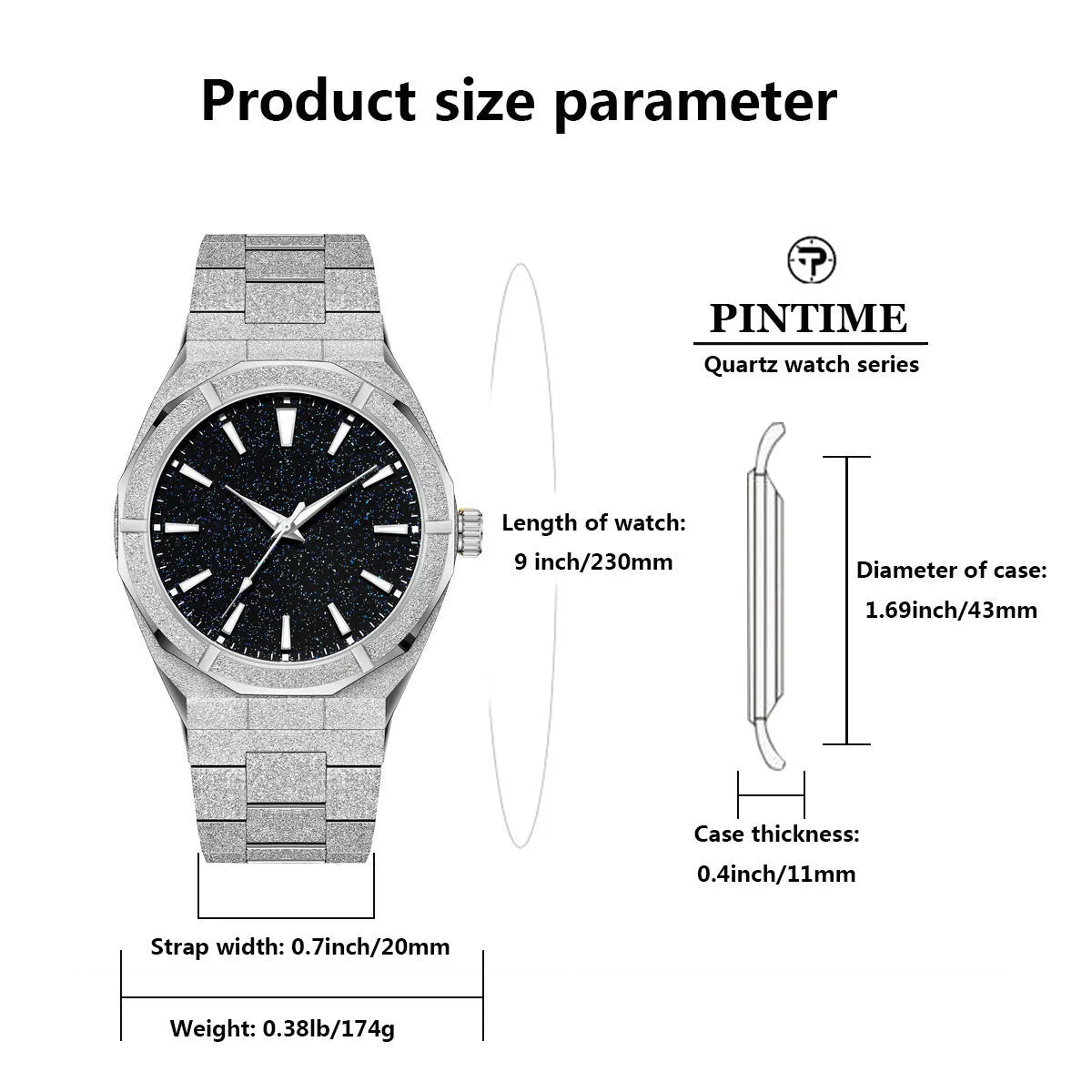 Business men's watch with frosted stainless steel case and luminous hands in silver, gold or black colour options