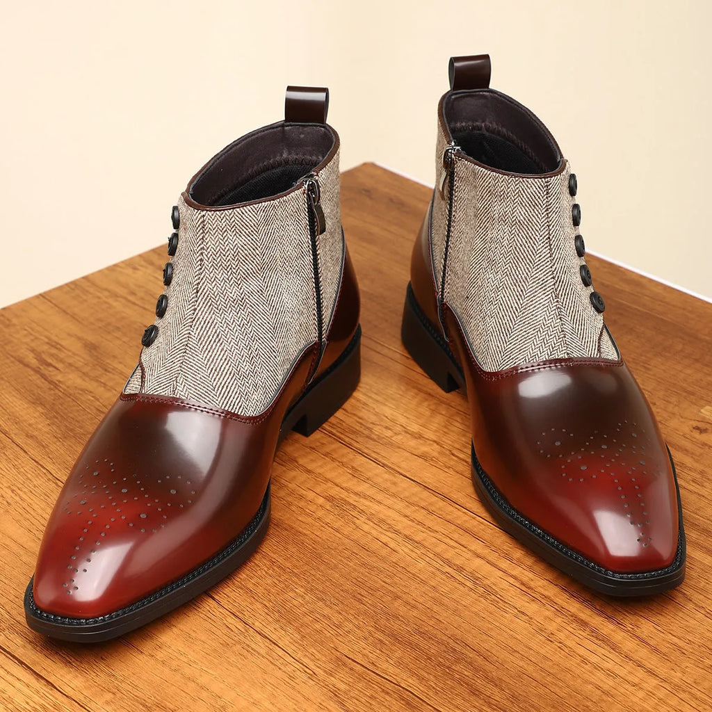 Men's brown retro formal shoes with side zipper and square toe on a white background.
