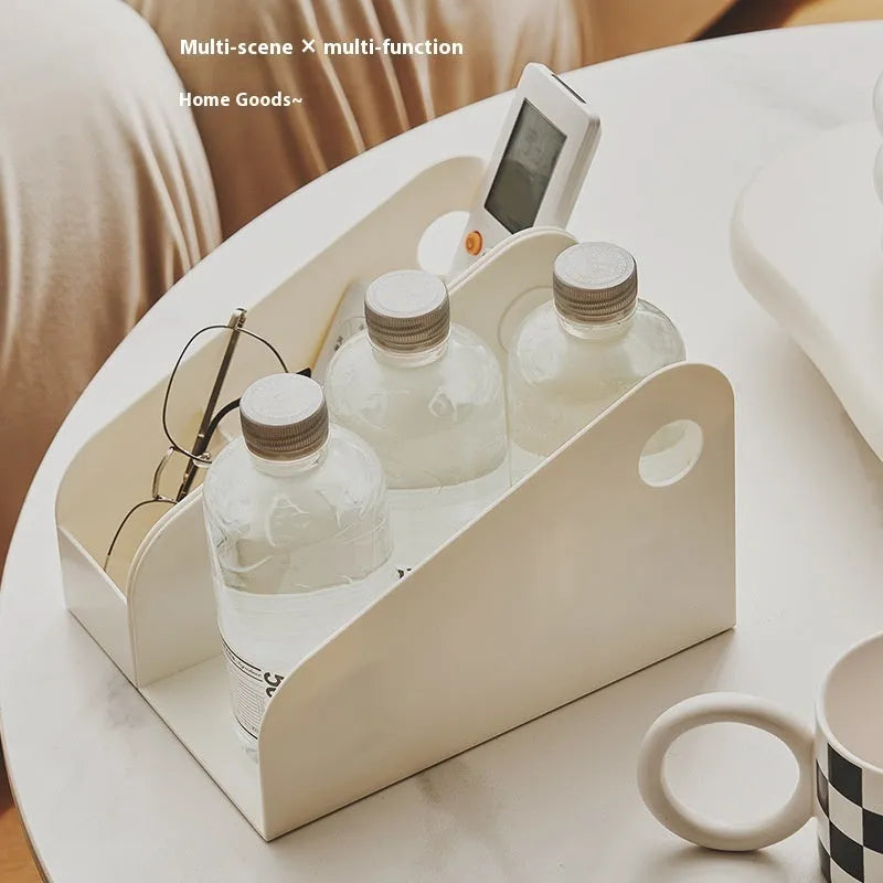 Plastic desktop storage box with two internal shelves in milk coffee colour.