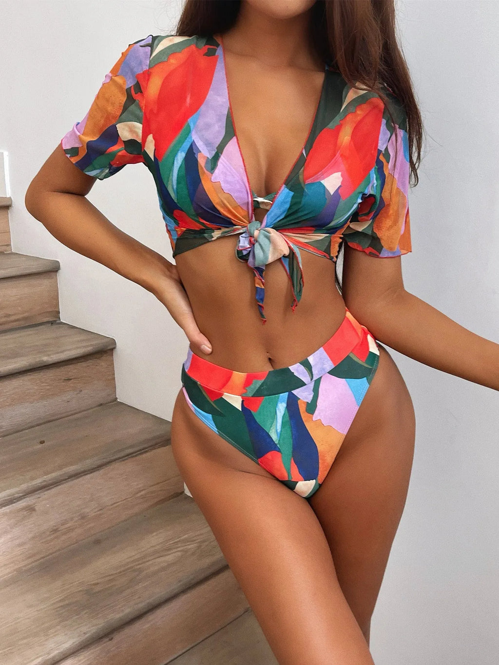 Red women's printed split swimsuit with European style pattern for swimming sports