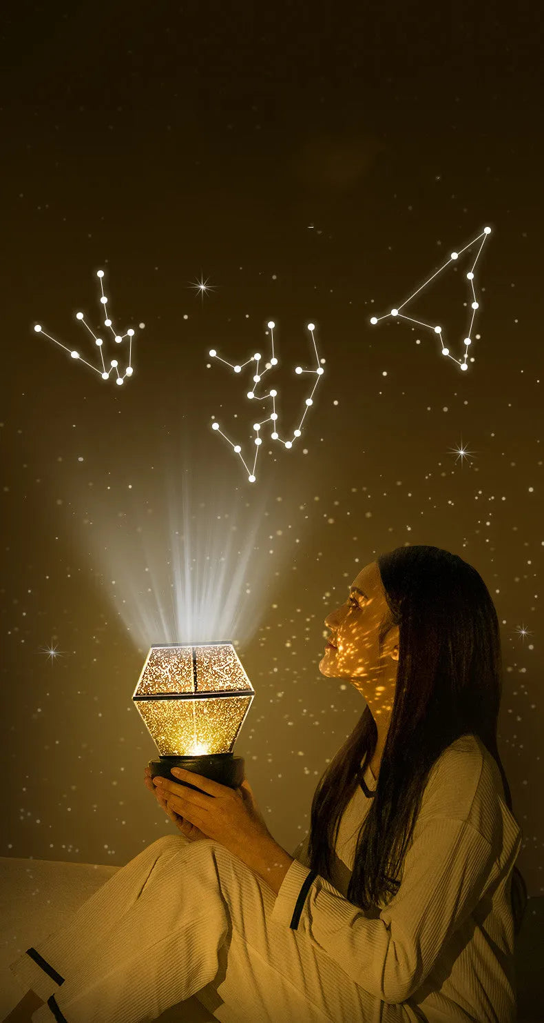 Children's rotating star night light showing three colour LED illumination in bedroom setting