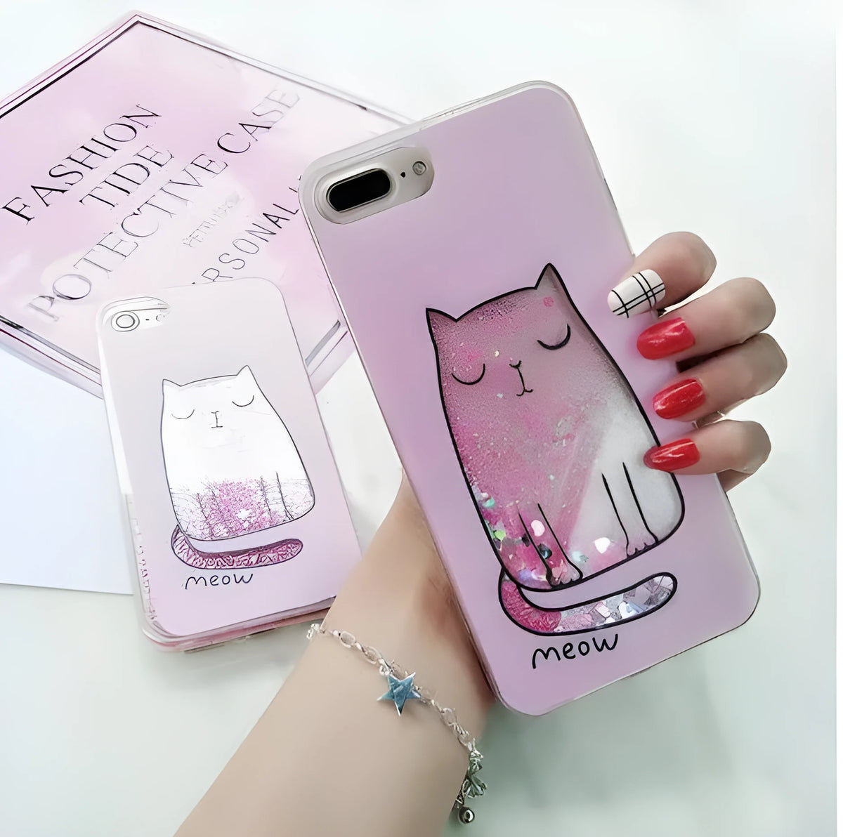 Colourful glitter cat design phone case for iPhone models 6, 7, 8, and X.