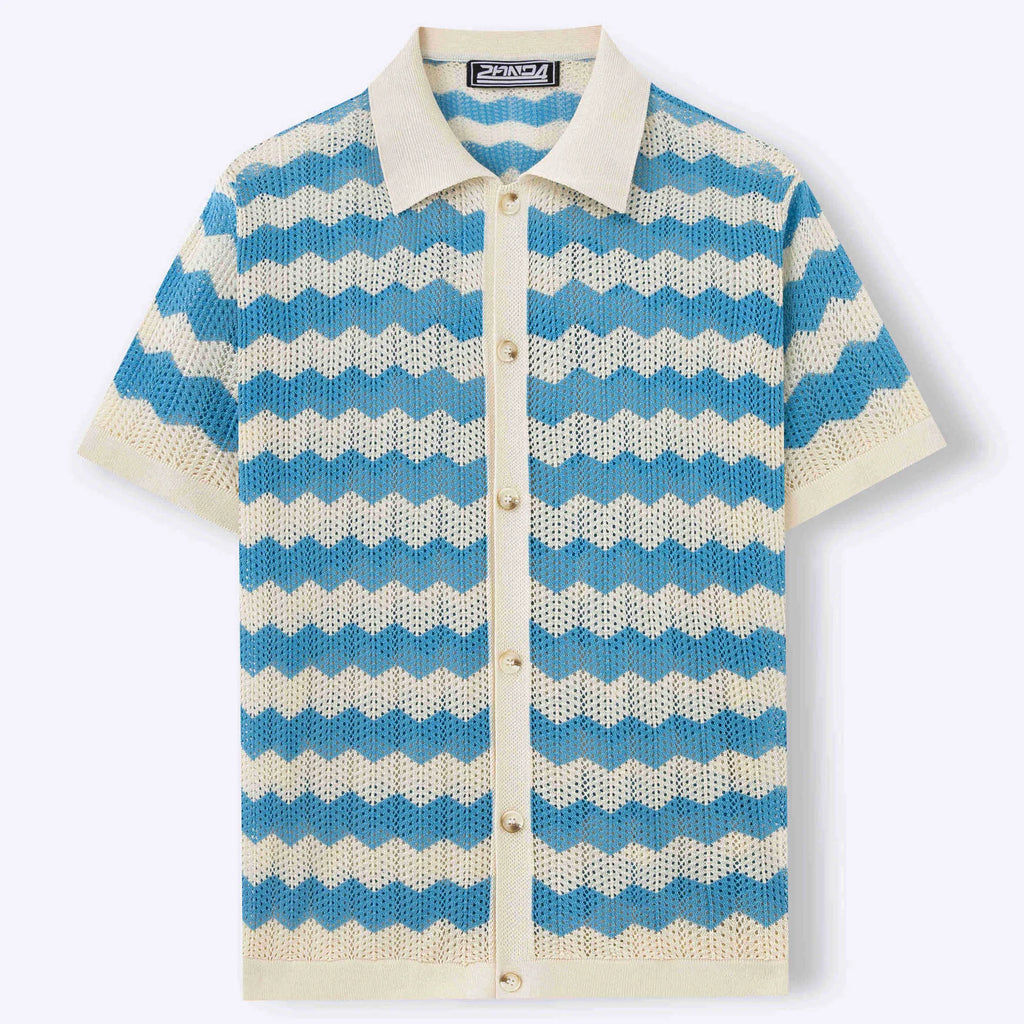 Short sleeve Tencel viscose summer sweater with hollow jacquard corrugated texture and flocking detail in blue colour