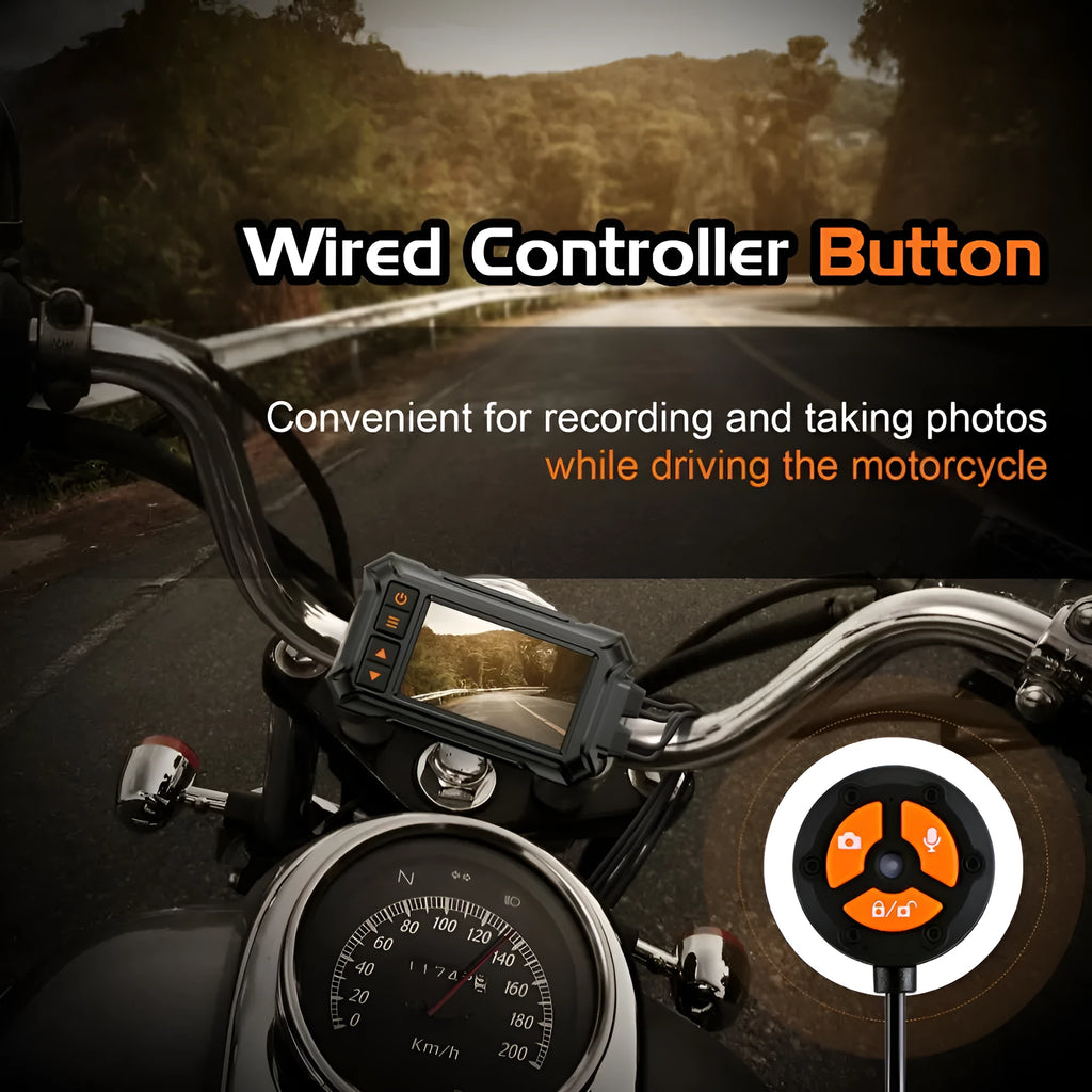 Motorcycle dash camera with dual lenses and GPS module mounted on handlebars