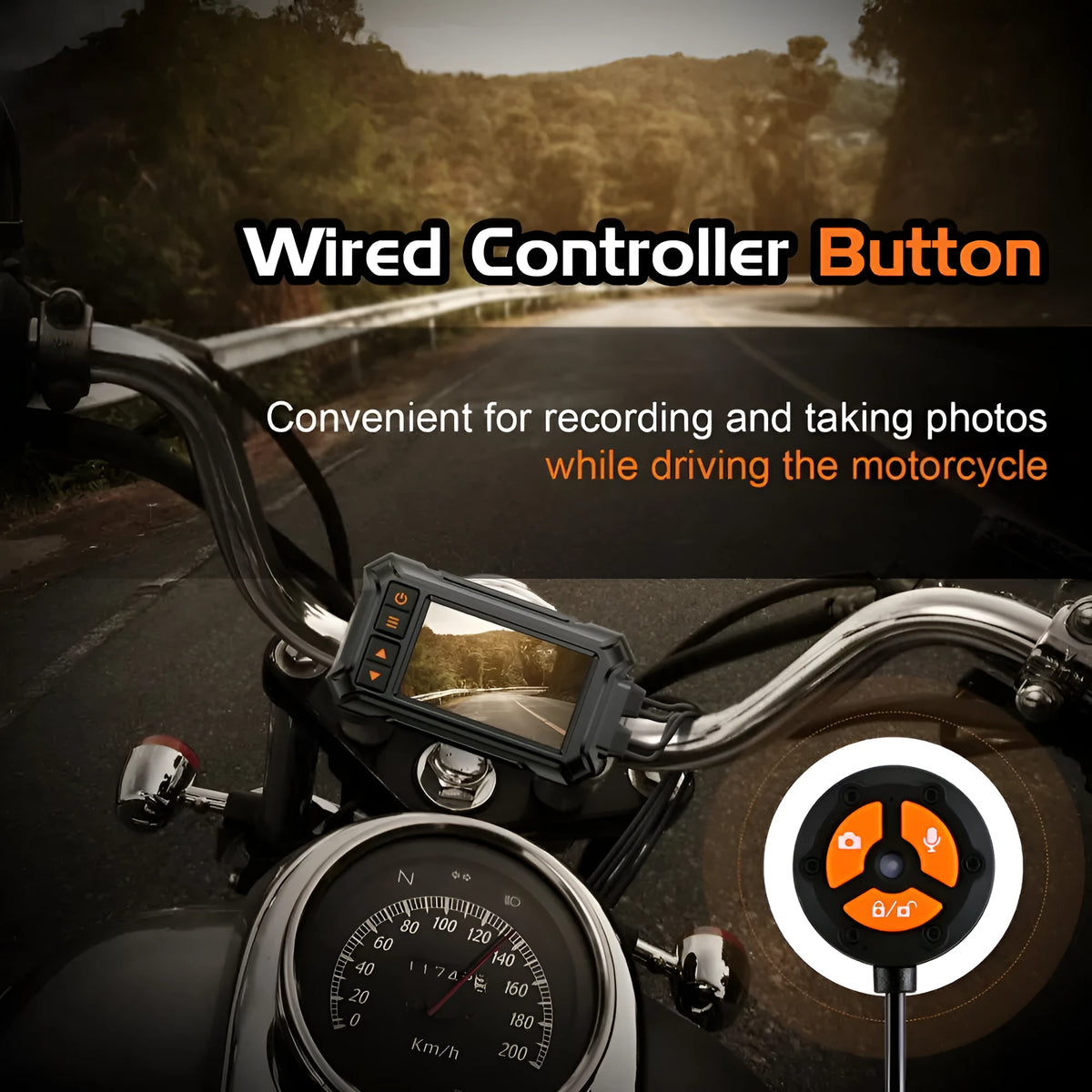 Motorcycle dash camera with dual lenses and GPS module mounted on handlebars