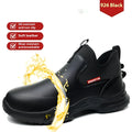 Men's black waterproof work shoes with high-cut microfiber leather upper and rubber anti-slip soles