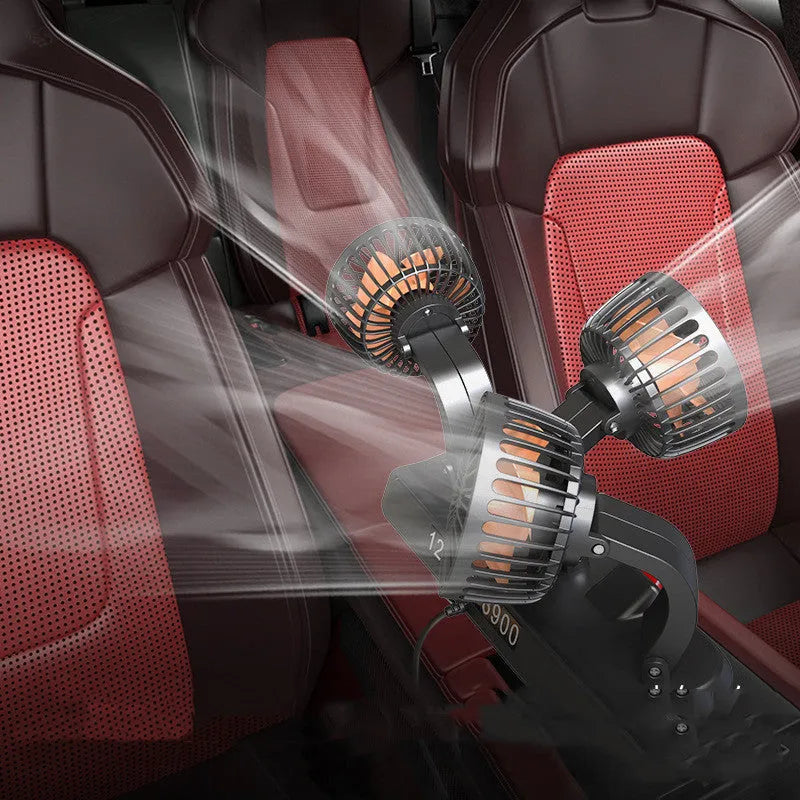 Three-head adjustable automotive electric cooling fan with a long power cable.