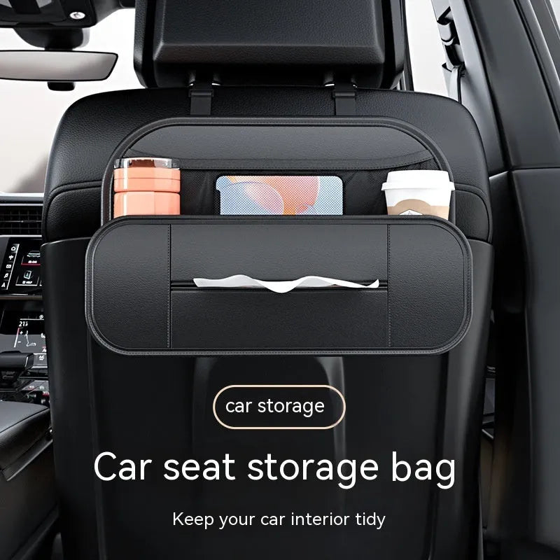 Black leather car seat rear storage bag mounted behind a vehicle seat
