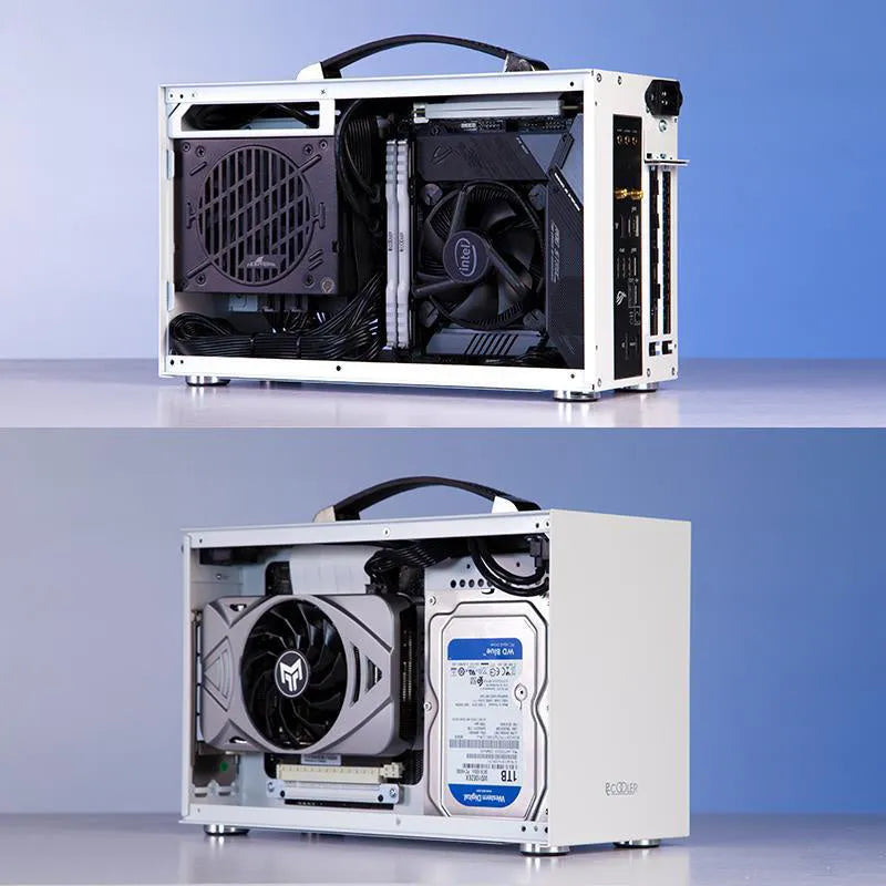 Three Hummingbird PRO portable ITX desktop computer case in titanium grey or white finish.