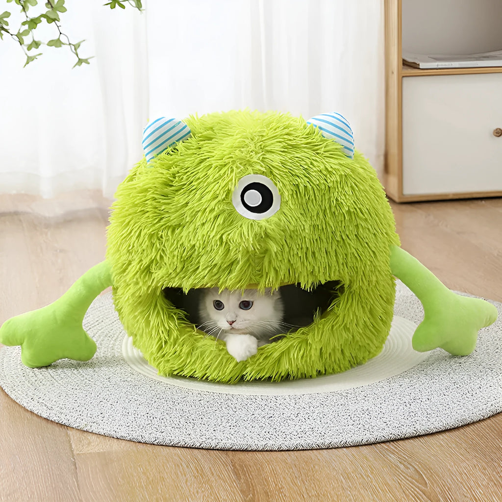 Fluffy round cat bed with non-slip base in three size options for indoor pets