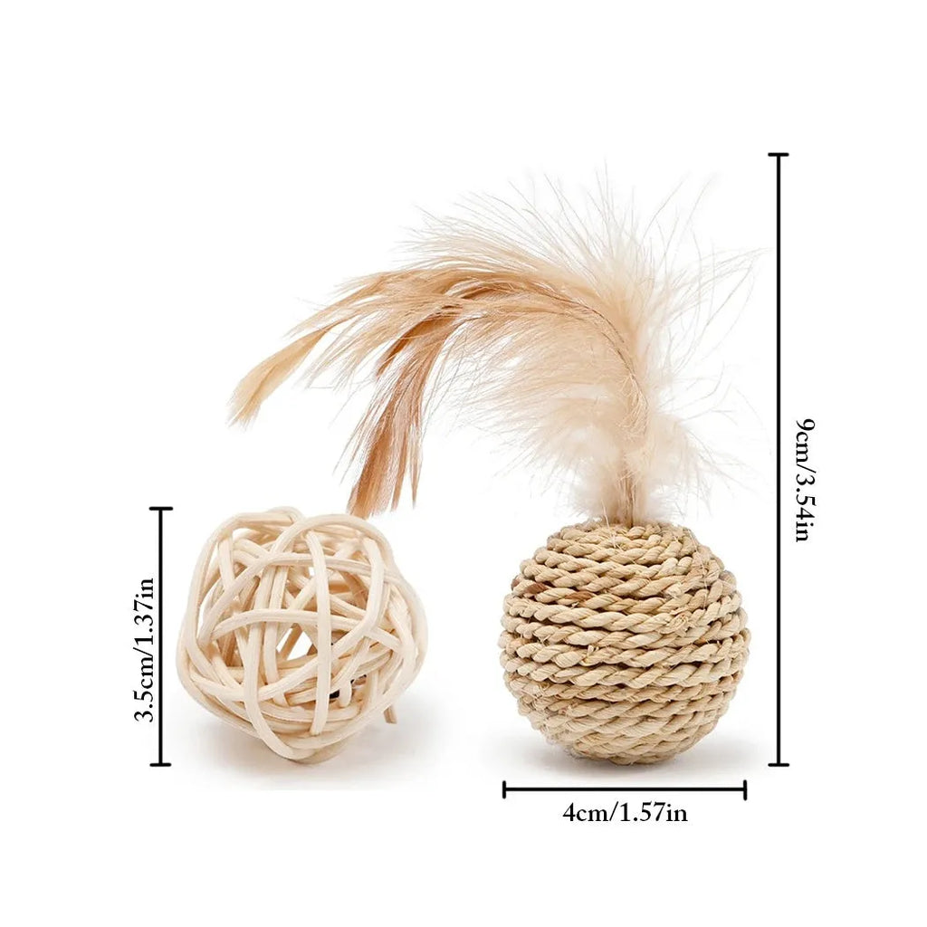 Two cat toys: rattan ball and faux feather bell ball for interactive play