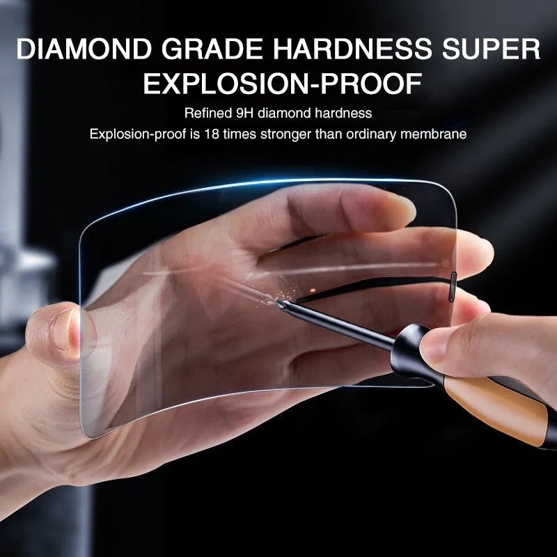 iPhone anti-peeping tempered glass screen protector showing privacy angle effect and full coverage.