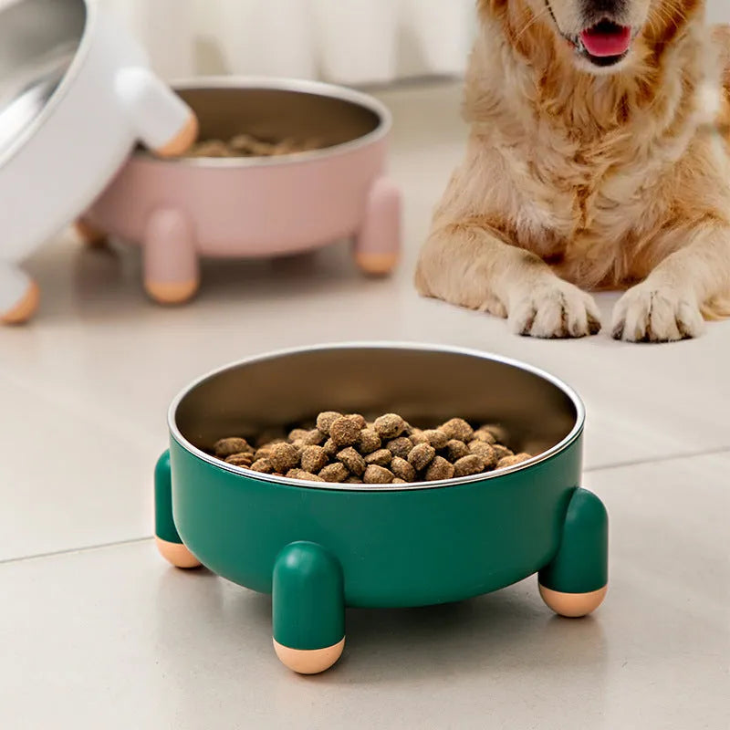 Green stainless steel non-slip pet bowl with anti-overturn high foot design for dogs and cats.