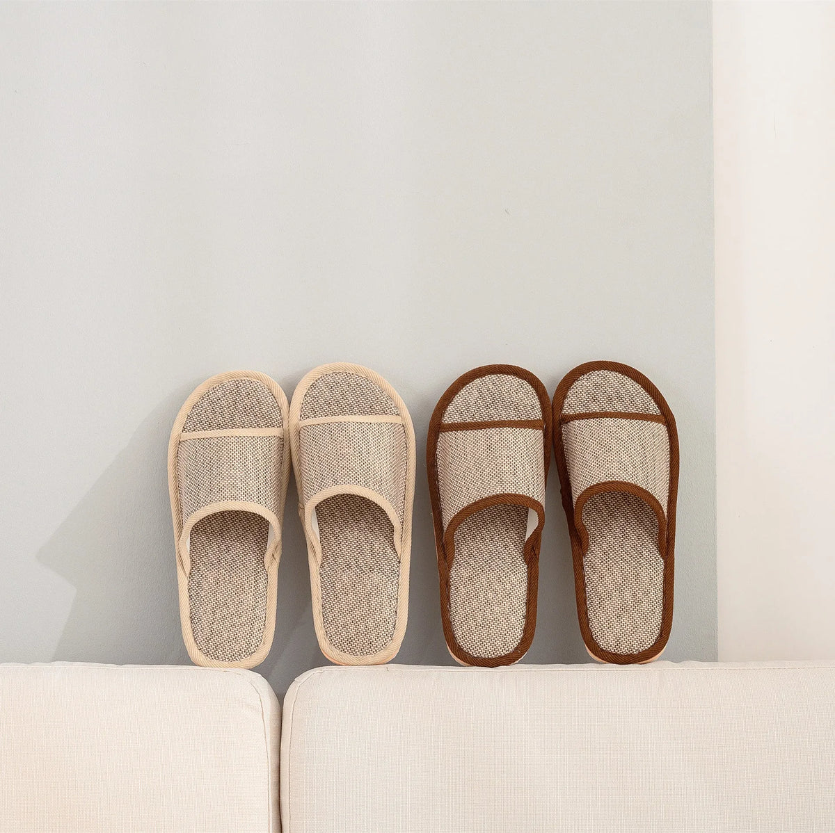 Women's open toe linen slippers with thickened sole, shown in a light brown colour variant