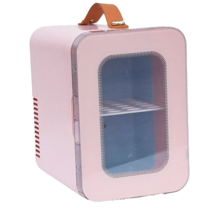 Pink mini refrigerator with transparent door showing 6L capacity and hot/cold dual-use function