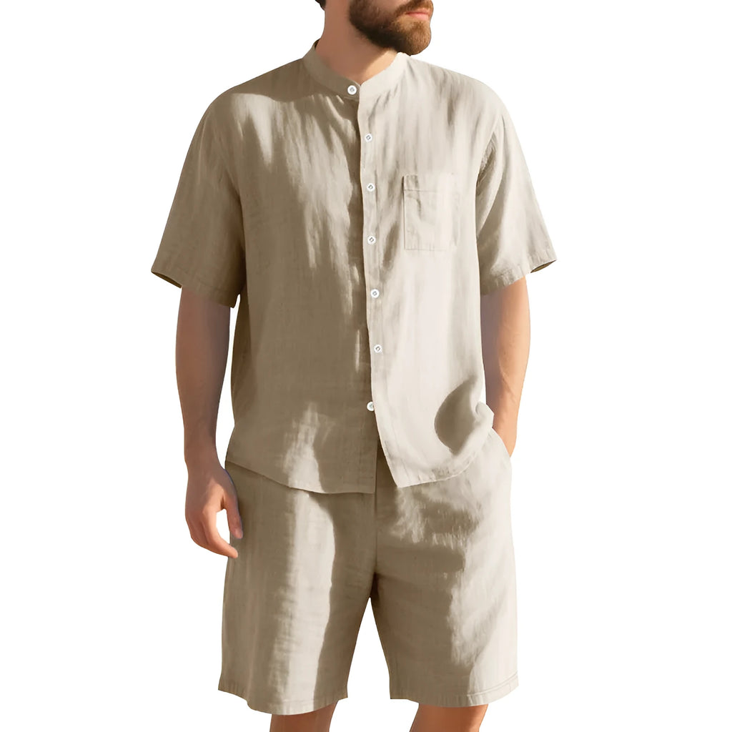 Men's linen-blend short-sleeve summer suit with Henry collar shirt and matching shorts