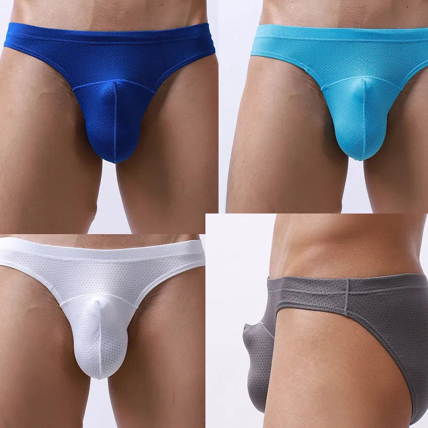 Men's transparent loose nylon underwear shown in blue colour on a size chart