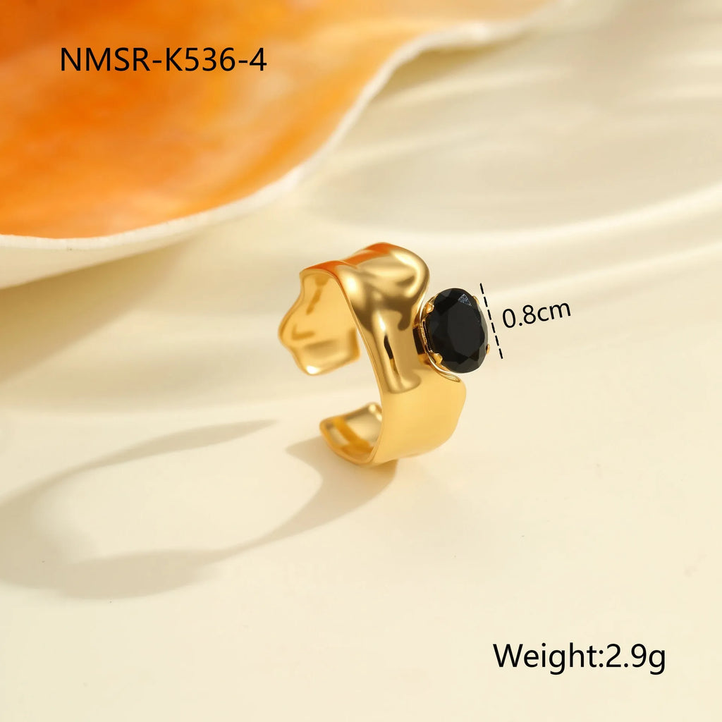 Geometric stainless steel ring with open mouth design and inlaid zircon details