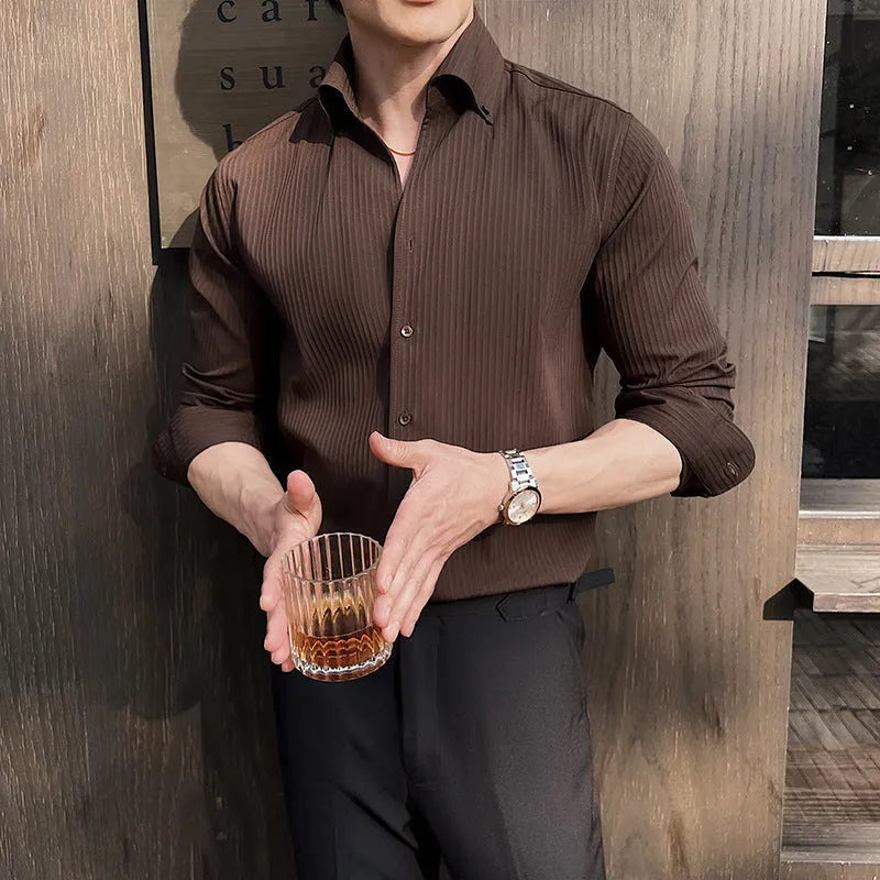 Men's dark striped V-neck long sleeve casual shirt in regular fit cardigan style