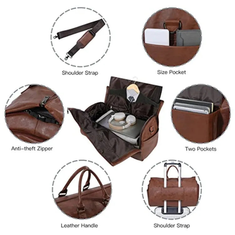 Convertible travel bag in black or brown PU leather with waterproof finish, 36-55L capacity, retro solid colour design.