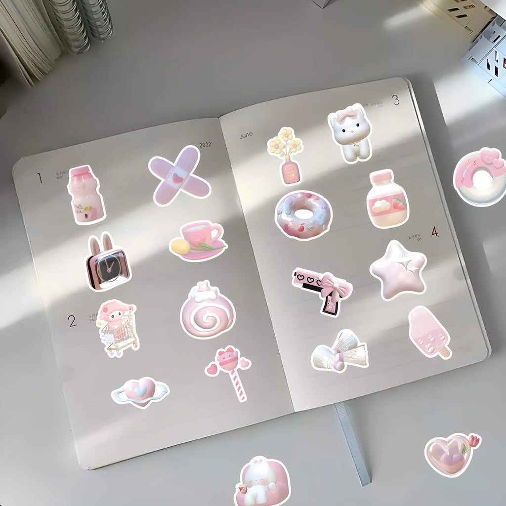 Pink girl heart decorative stickers with realistic 3D effect in two pattern variations