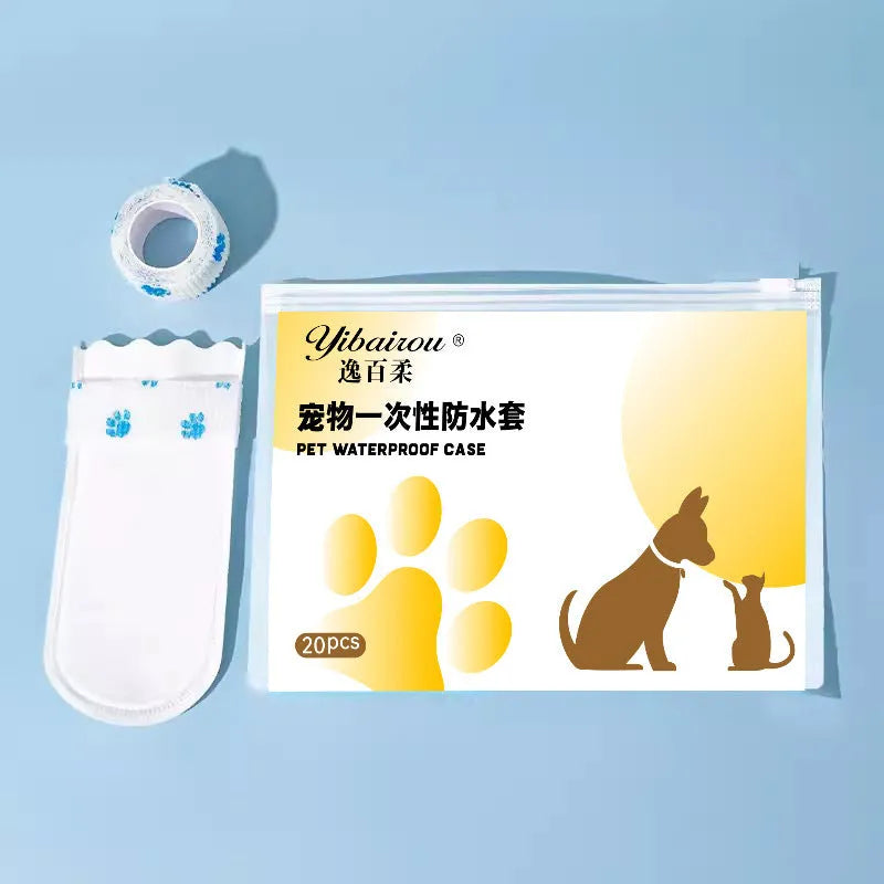 White disposable pet waterproof shoe covers for dogs in S and M sizes, made from non-woven fabric