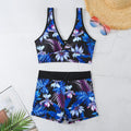 Women's two-piece swimsuit with sleeveless top and printed boxer briefs in multiple colour options.