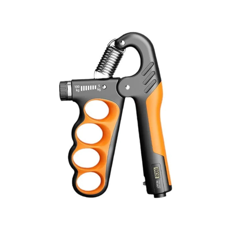 Electronic counter spring grip with adjustable resistance in orange, red, and grey display variants.