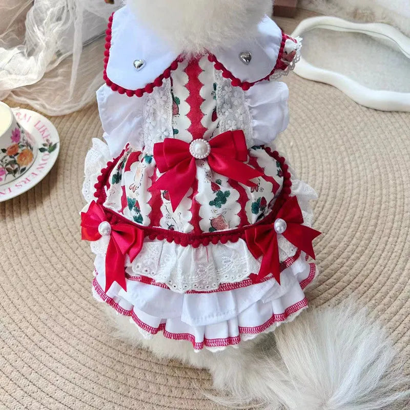 Princess style rabbit skirt dog dress made of polyester for small dogs, shown in sizes XS to XL.