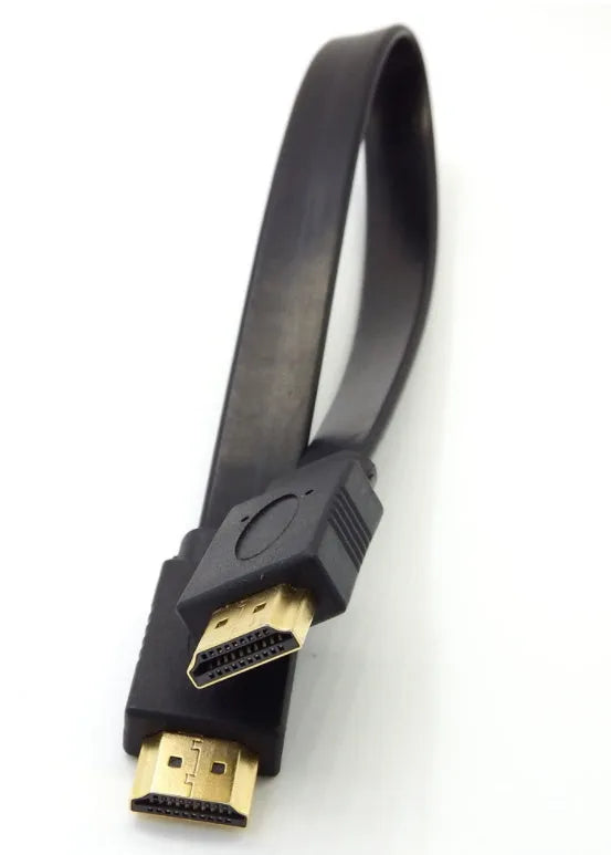 Flat HDMI cable with male connectors showing length options from 0.3 metres to 10 metres